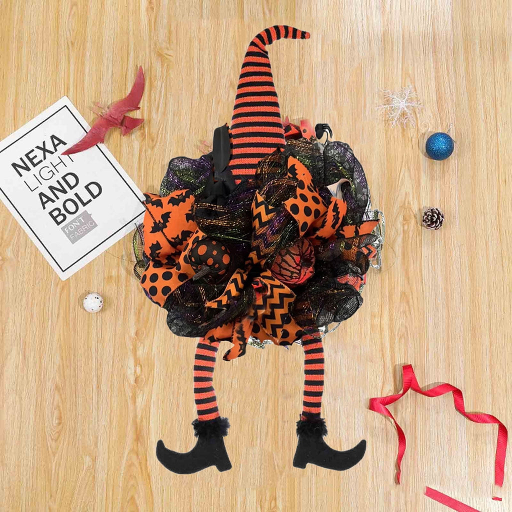 YOTQUSKI Halloween Wreath,Halloween Wreaths For Front Door,Witch Door Wreath Halloween Decorations,with Witch Hat Legs Hanging Lanyard for Party Decorations Indoor Outdoor