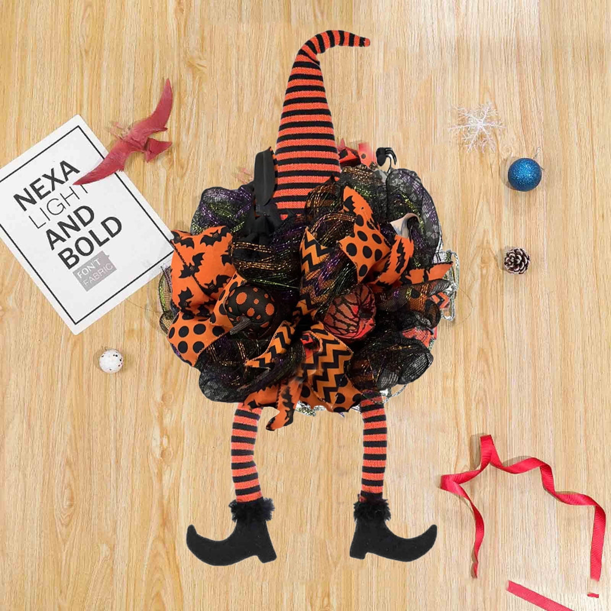 YOTQUSKI Halloween Wreath,Halloween Wreaths For Front Door,Witch Door Wreath Halloween Decorations,with Witch Hat Legs Hanging Lanyard for Party Decorations Indoor Outdoor