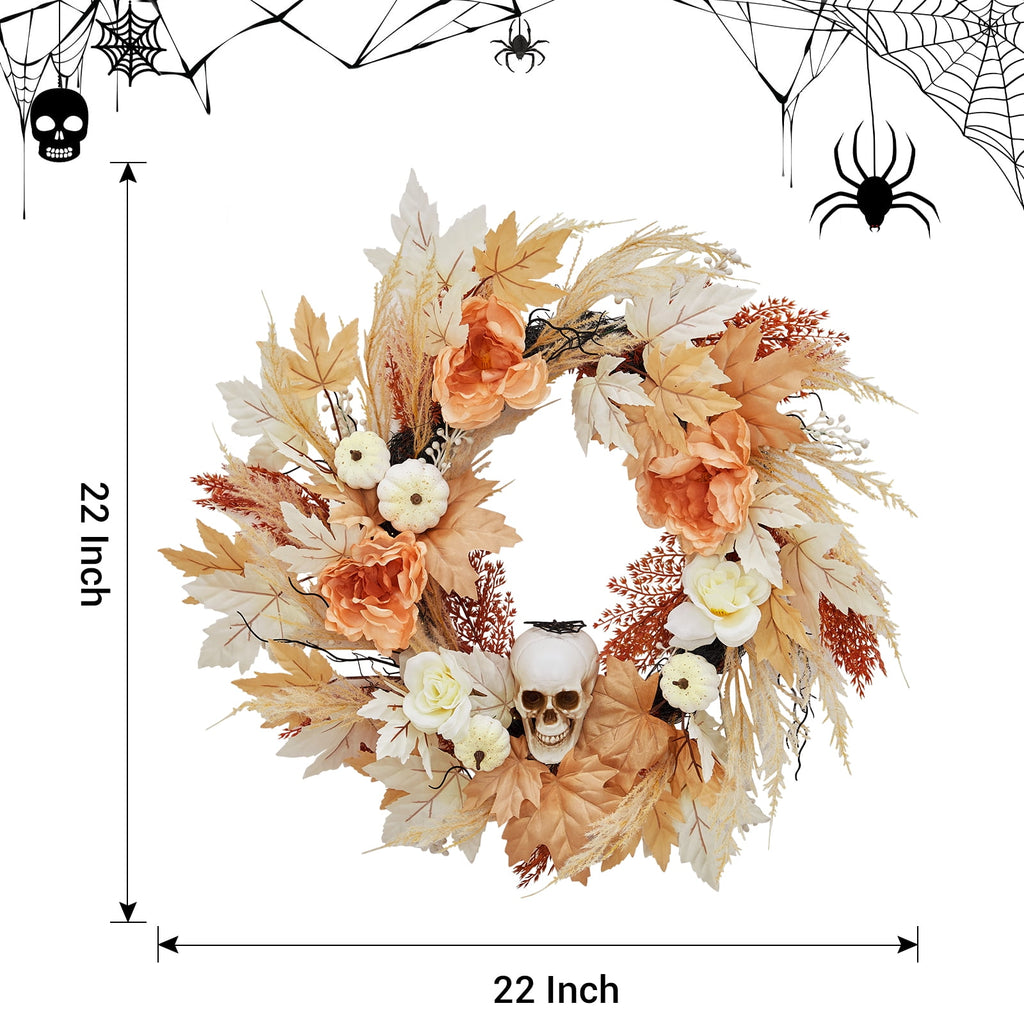 Prelit Halloween Wreath 22 Inch with Bone and Pumpkin Decor Maple Leaves Roses Spooky Fall Indoor Outdoor Wall Porch Window Front Door Decoration