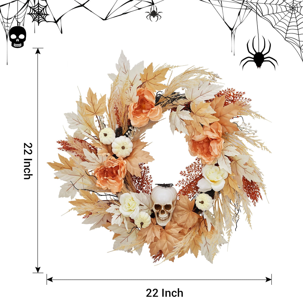 Prelit Halloween Wreath 22 Inch with Bone and Pumpkin Decor Maple Leaves Roses Spooky Fall Indoor Outdoor Wall Porch Window Front Door Decoration