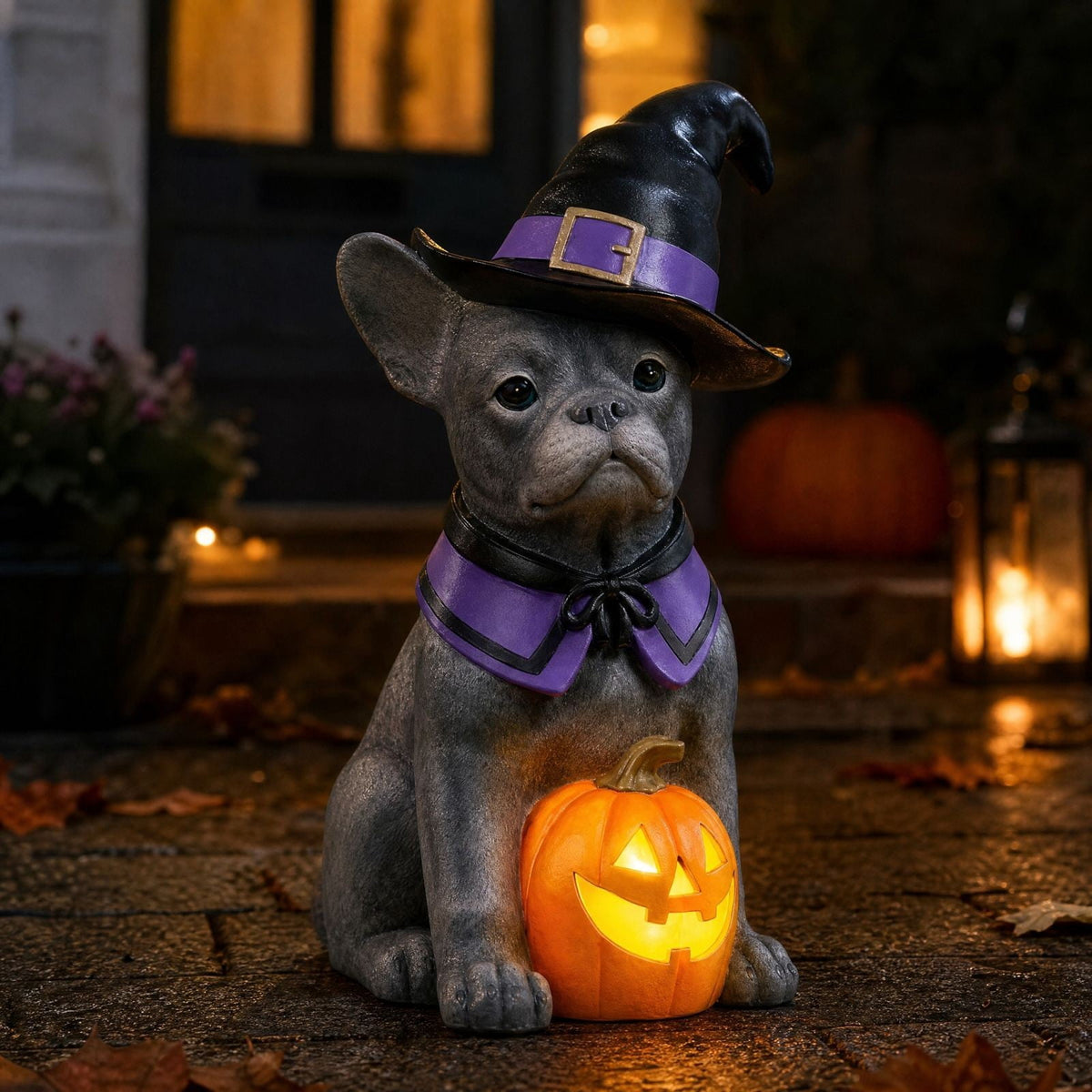 Clearance! Halloween Light‑Up Dog Figurine, 7.9in Scarecrow Dog Statue with Glowing Pumpkin, Waterproof Resin Table Yard Decor