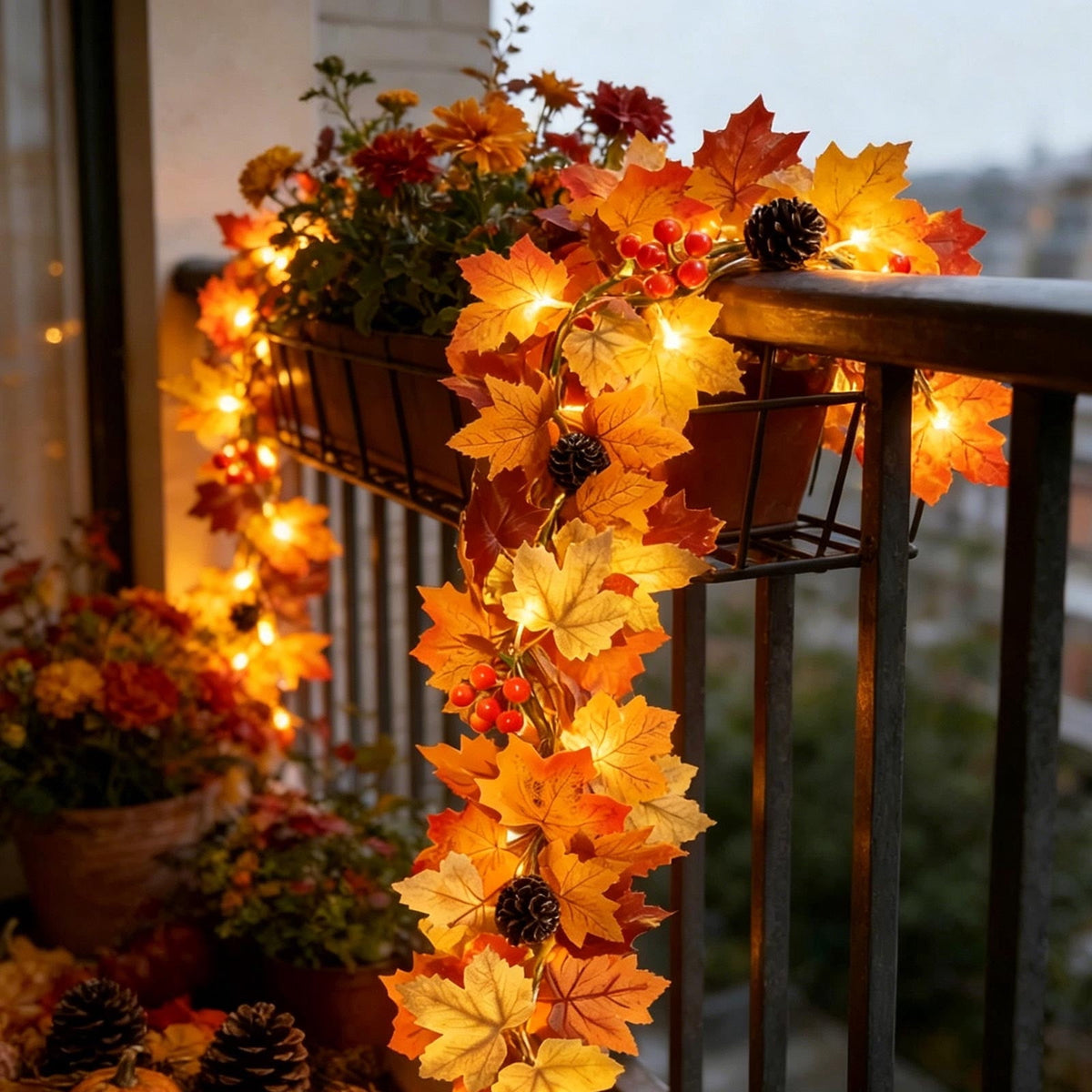 Fall Decorations for Home, 71 inch Fall Garland with Lights, Glowing Artificial Maple Leaves Home Decor Thanksgiving and Halloween, Bright colors