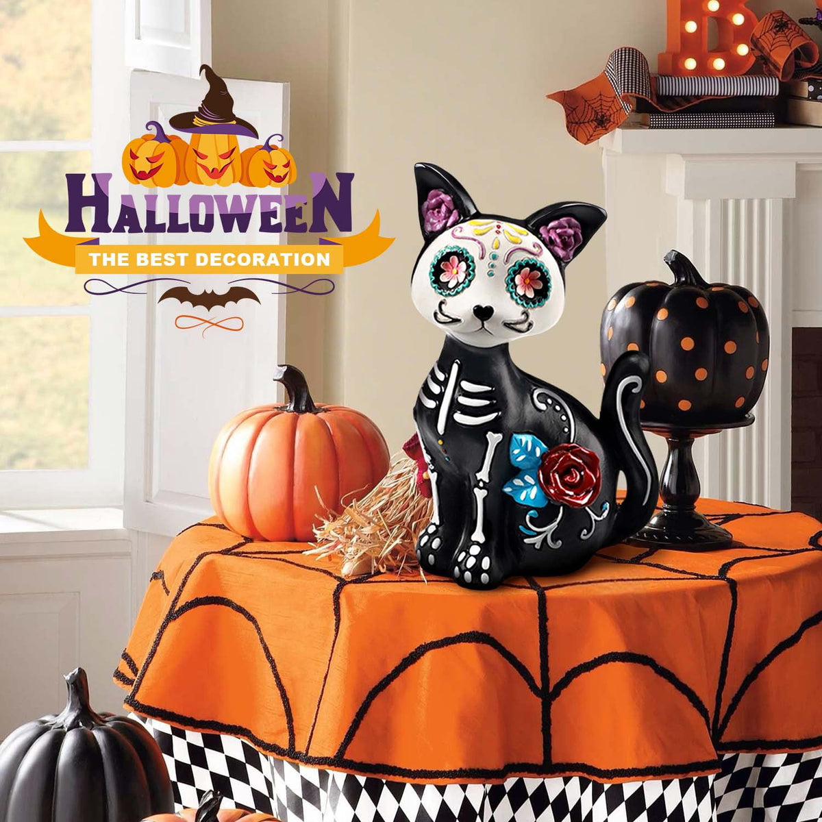 Ayieyill 2pcs Halloween Cat and Skeleton Figurines Vintage Halloween Black Cat Decor Halloween Table Decorations
