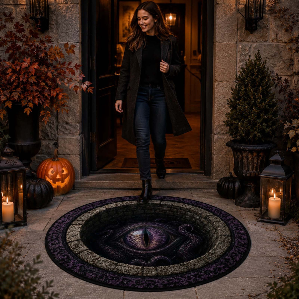 Win s Way 3D Illusion Round Halloween Rug Optical Illusion Doormat Non- Washable Entryway Decor Spooky Fall Front Door Mat for Party Decoration Available in 15.8/23.6/31.5 Inch