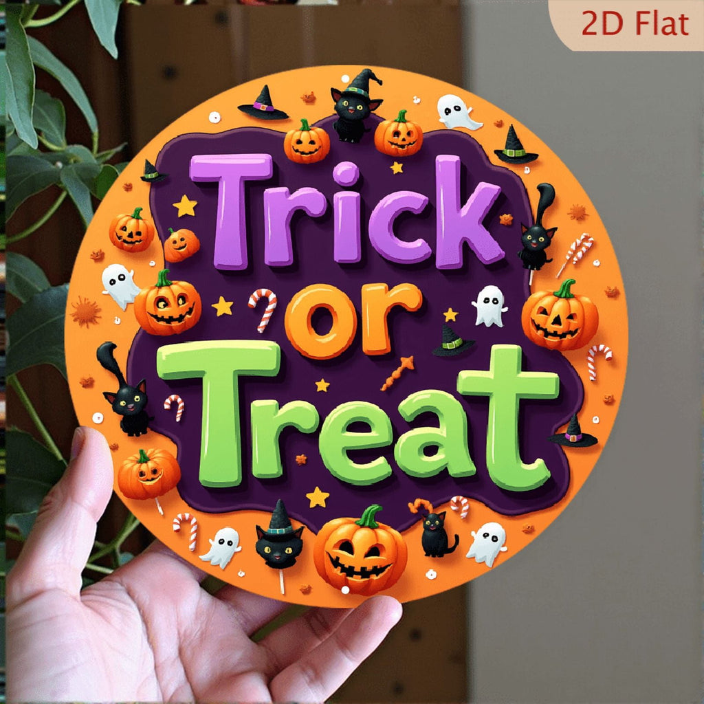 2D Flat, Halloween Round Aluminum Wall Sign - 8*8 Inch Trick or Treat Decor with Spooky Pumpkin,, Bat & Candy Corn Design - American-Style Holiday Season Decoration for Home, Kitchen, Garden, Office