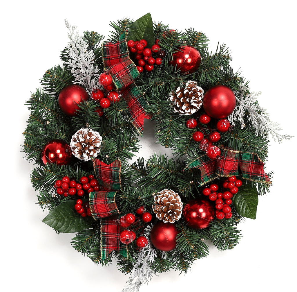 JoanKaren 24 inch Large Christmas Wreath Silver White with 20 LED Lights,Prelit Xmas Wreath w/ Ball Ornaments Pine Cone