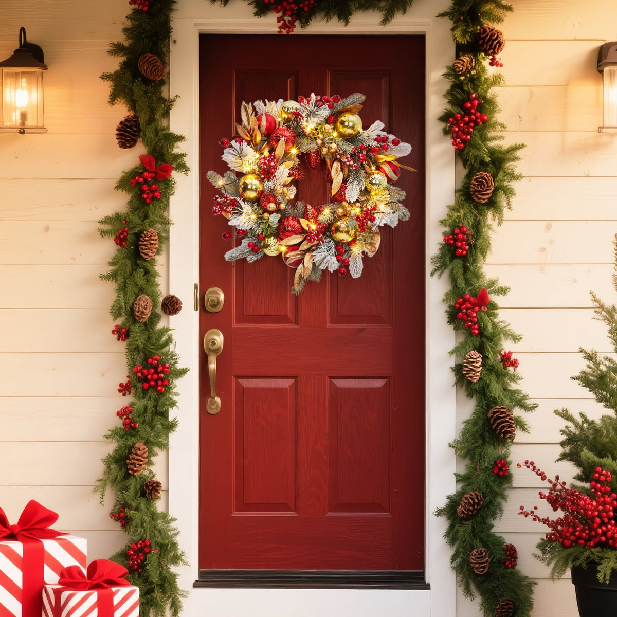 JoanKaren 24 inch Large Christmas Wreath Silver White with 20 LED Lights,Prelit Xmas Wreath w/ Ball Ornaments Pine Cone