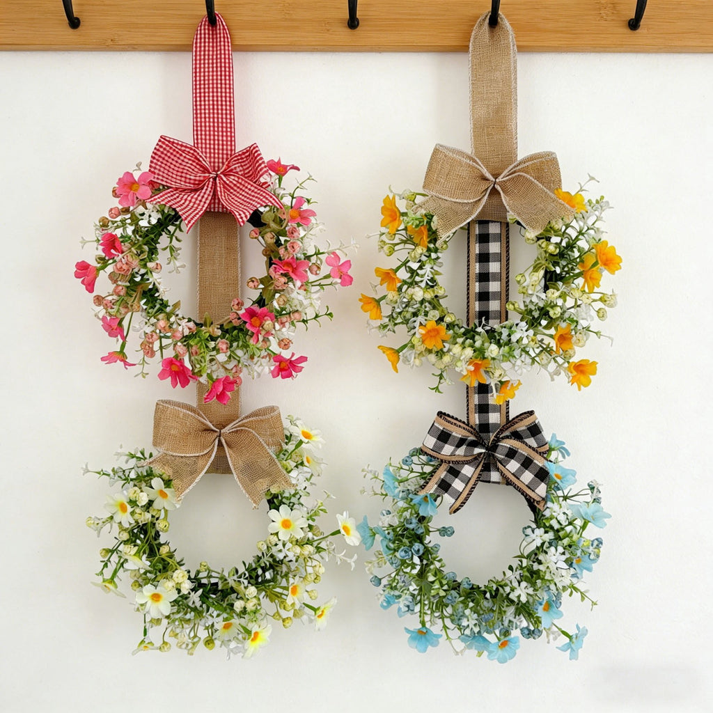 Mini Spring Wreaths, Artificial Daisy Flowers Small Pillar Holder Wreath, Spring Summer Floral Wreath for Candle, Farmhouse, Porch, Front Door, Cabinets, Table Decoration, White