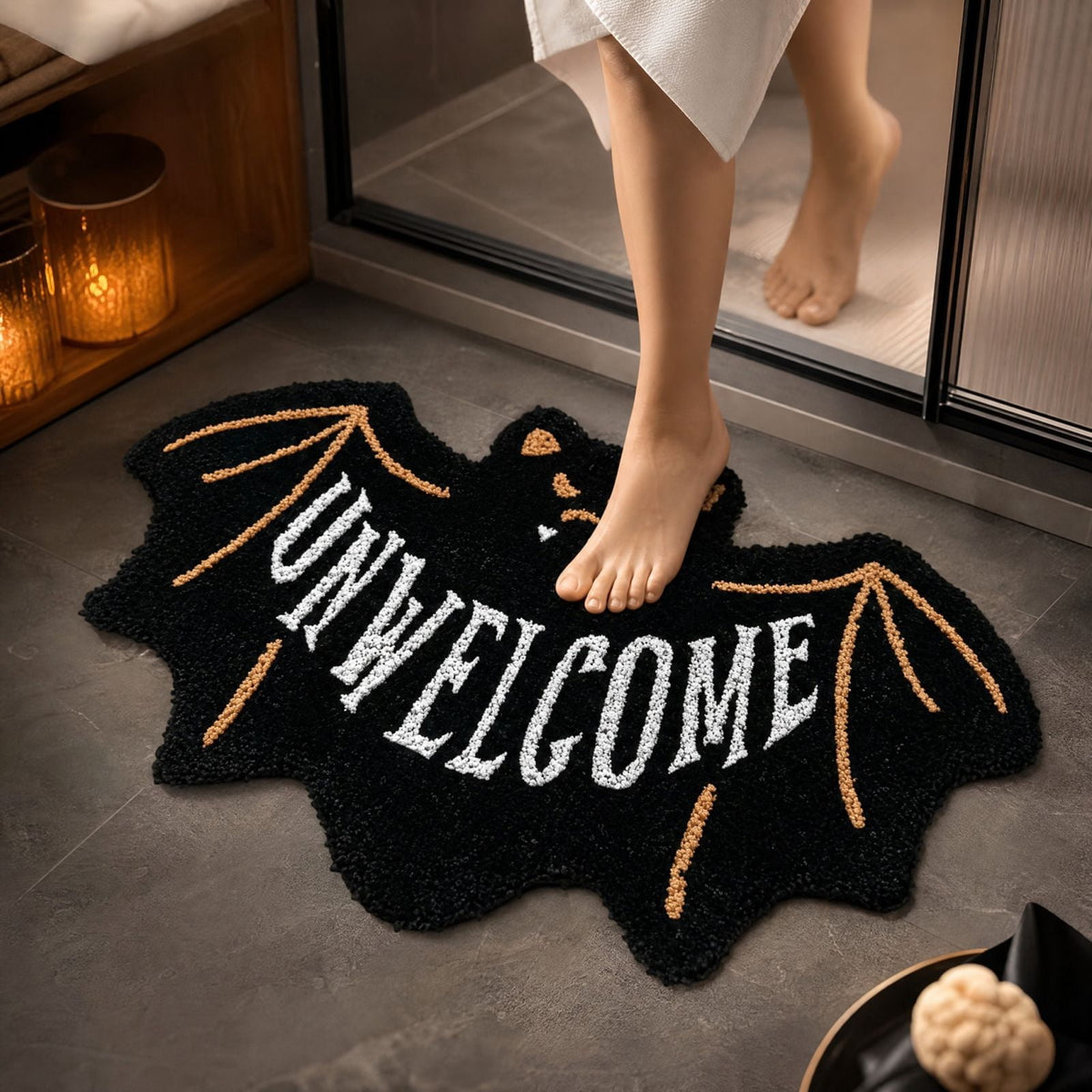 Gothic Halloween Bat Shaped Bath Mat, 23.6 x 15.7 in Unwelcome Pattern, Thick Decorative Entryway Floor Rug