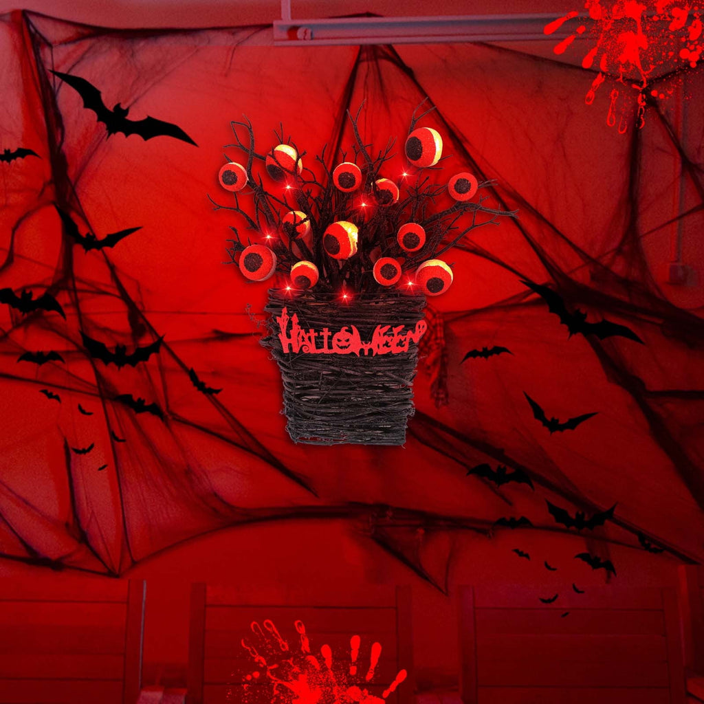 Halloween Wreaths for Front Door,Halloween Eyeball Wreaths LED Light Up Halloween Flower Basket Wreath Scary Vintage Halloween Wreaths for Home Door Wall Window Party Decorations