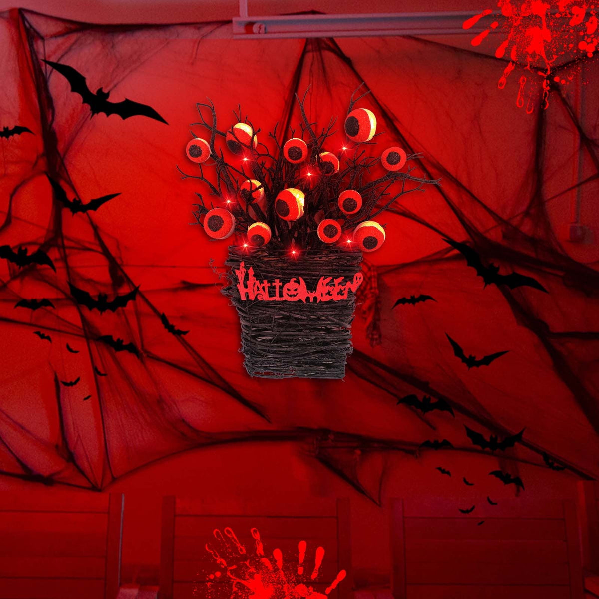 Halloween Wreaths for Front Door,Halloween Eyeball Wreaths LED Light Up Halloween Flower Basket Wreath Scary Vintage Halloween Wreaths for Home Door Wall Window Party Decorations