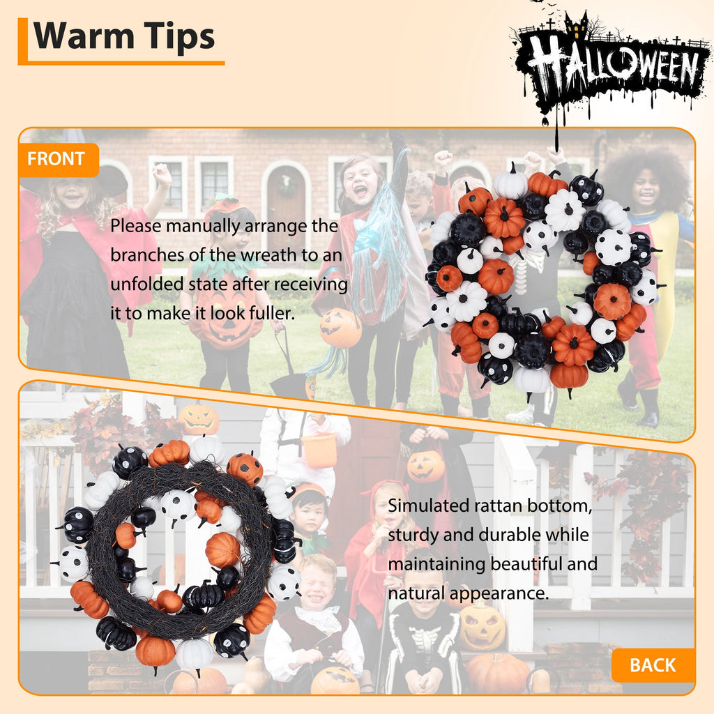 Festisoul Halloween Pumpkin Wreath for Front Door, 18'' Fall Wreath, Rattan Bottom Halloween Indoor Outdoor Decorations for Home, Party, Fireplace