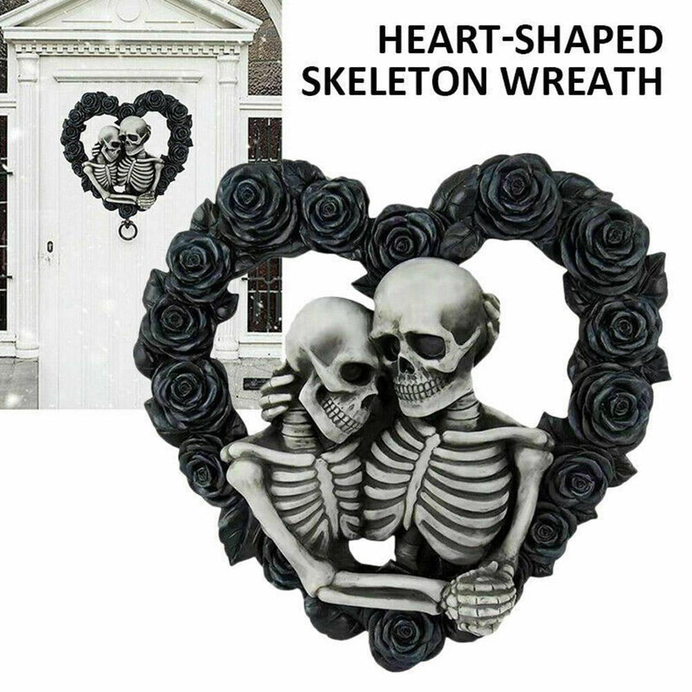 New Fashion Black Gothic Roses Garland Halloween Skeleton Wreath Heart-shaped Lovers Hugging Together Forever Skull For Halloween Decoration