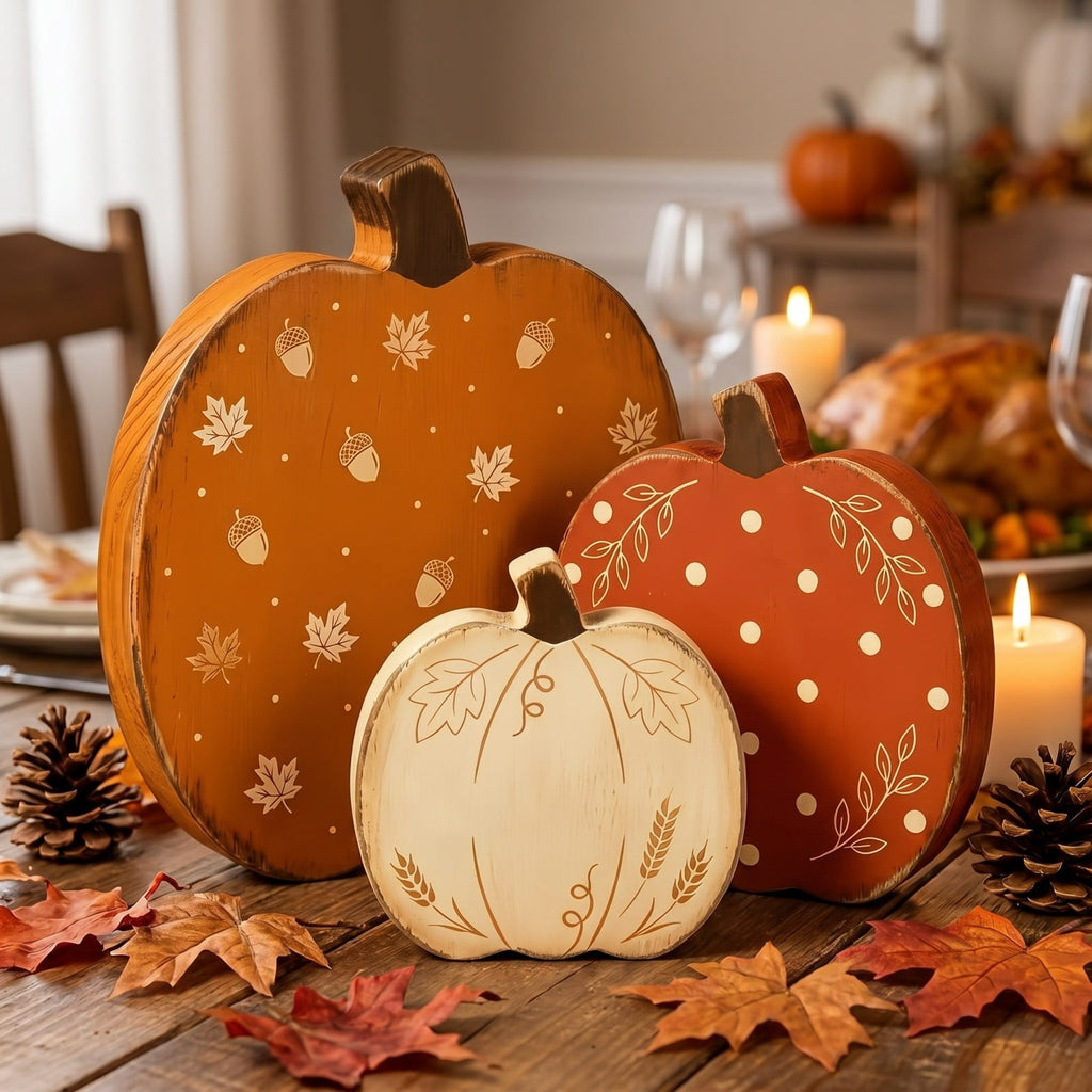 Cheapark Wooden Pumpkin Decor Tabletop Ornament Set of 3 Indoor Mantel Centerpiece Accent for Autumn Harvest Halloween Household Table Display Rustic Fall Scene Styling Home Fireplace Shelf Decor