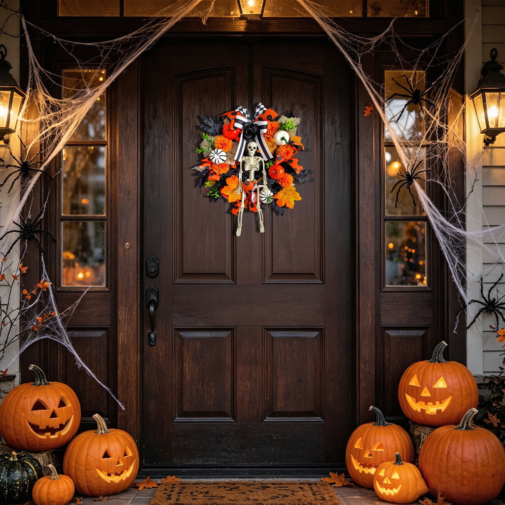 ICQOVD Halloween Pumpkin Maple Leaf Wreath with Skeleton Ornament Orange Black Bow Front Door Hanging Fall Home Decoration 15.75*15.75*3.15IN