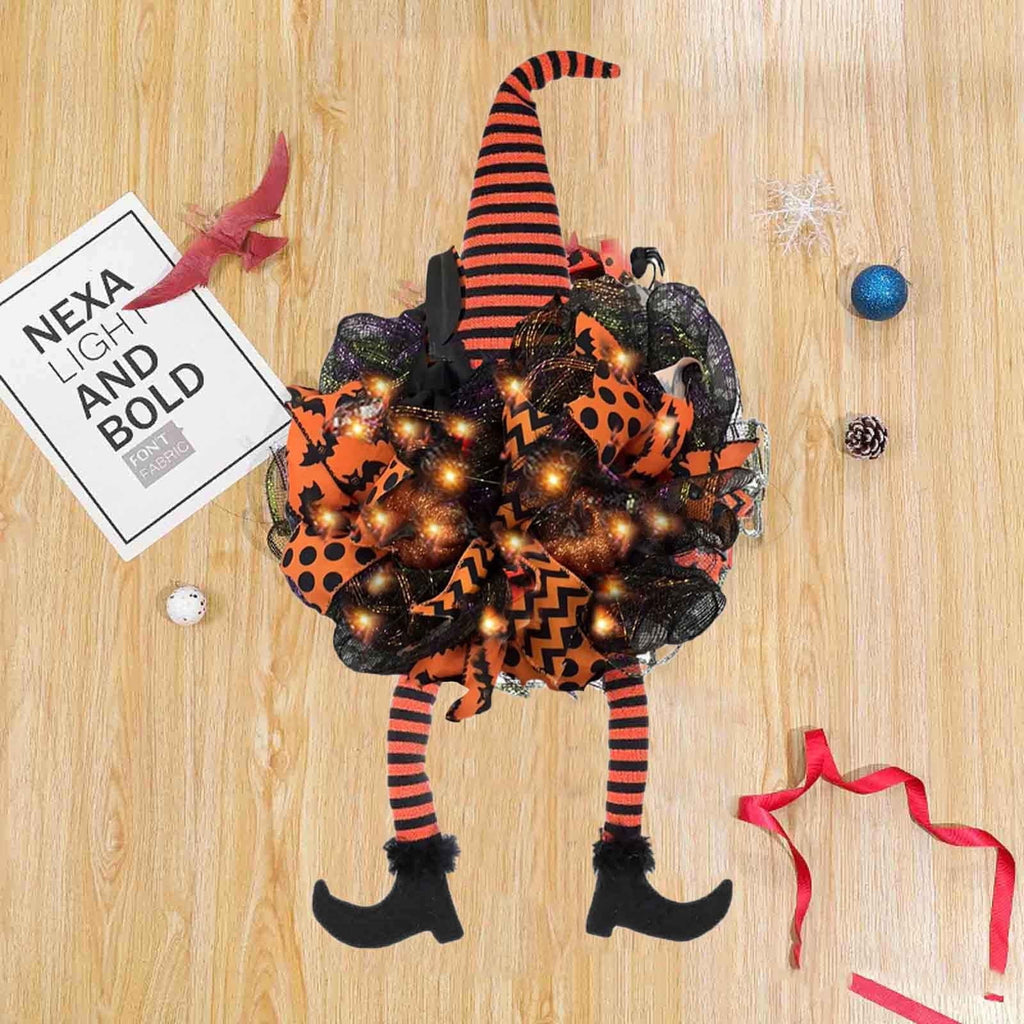 Pre-Lit Halloween Witch Wreath with Fairy Lights, Hanging Decor for Front Door, Porch, or Wall