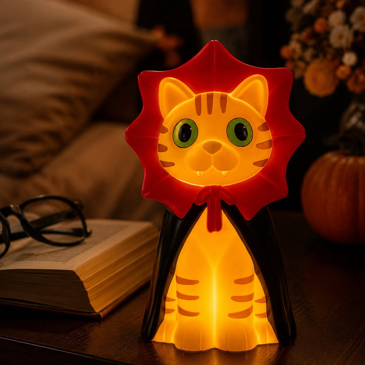 QLUEWX Halloween Tabletop Night Light Decor, Vampire Cat Blow Mold Light Up Orange Figurine, Dracula Cloak Glowing Cat Lamp Mantel Bedroom Indoor Farmhouse Party Holiday Gift Ornament