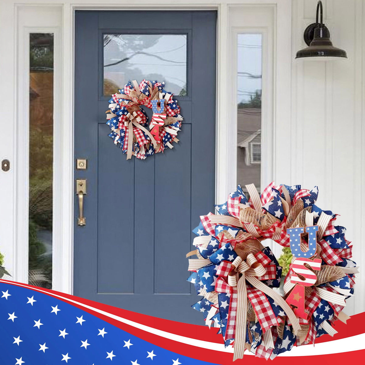 Nkmbld 4th of July Wreaths for Front Door, Independence Day Wreath Red White Blue Flower Wreath for Independence Day Memorial Day Flag Day Decor