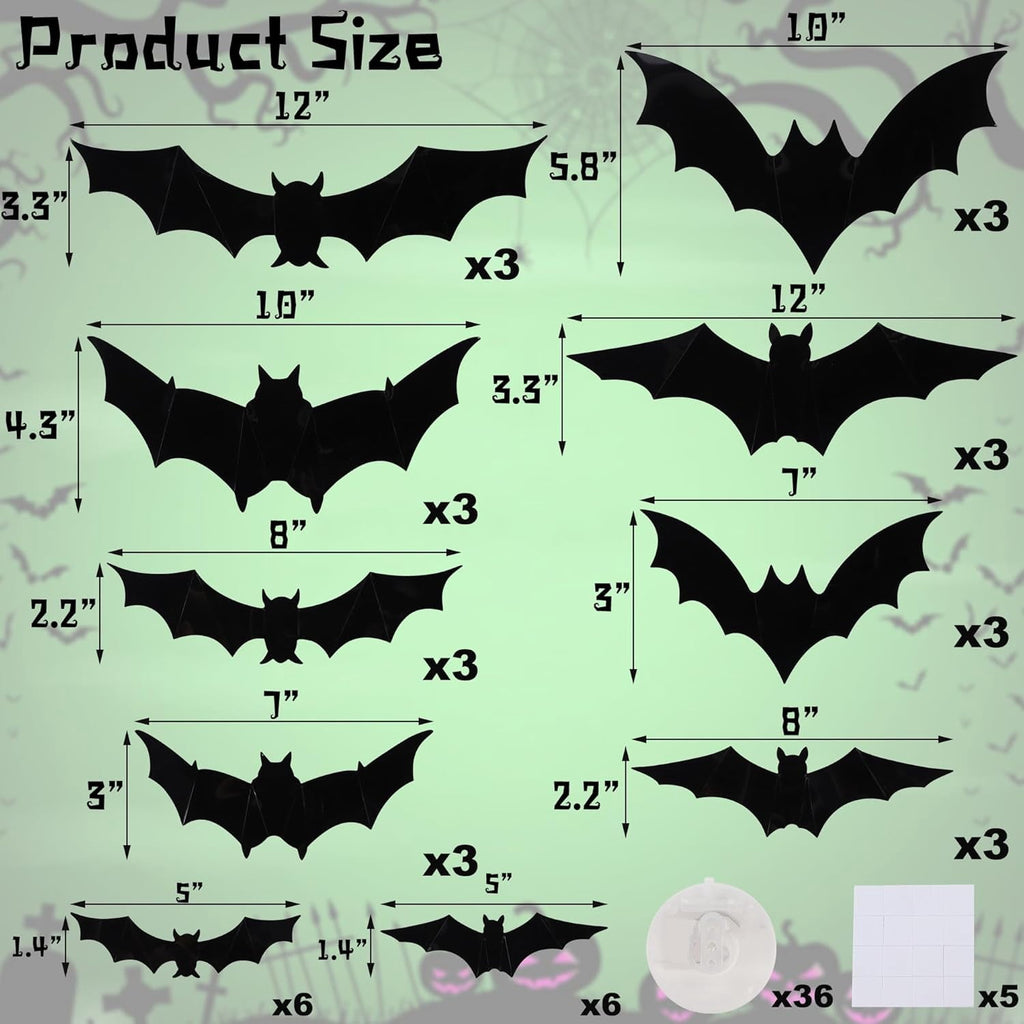 CQHVKQ 36 PCS Halloween Bats Decorations, Realistic 3D LED Bats Wall Stickers Decor, Assorted Size Removable Lighted PVC Bats DIY Wall Sticker for Halloween Party, Bedroom, Home, Indoor and Outdoor