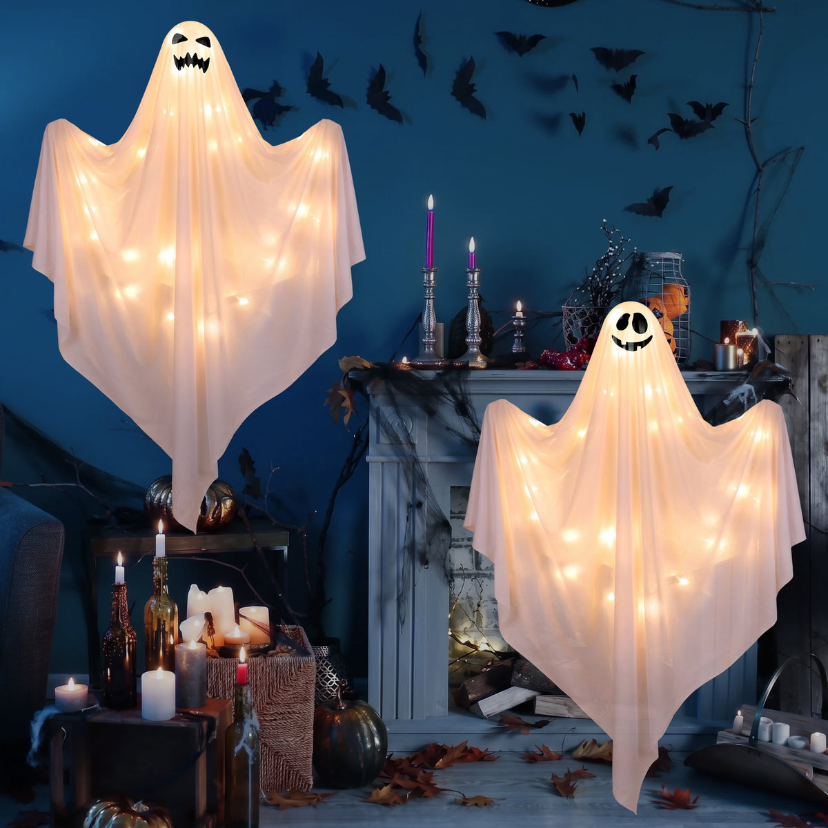 Scidweet Halloween Ghost Decor, 2 Pack 48" Light up Hanging Halloween Ghosts Blue LED Light Yard Garden Porch Outdoor Decorations