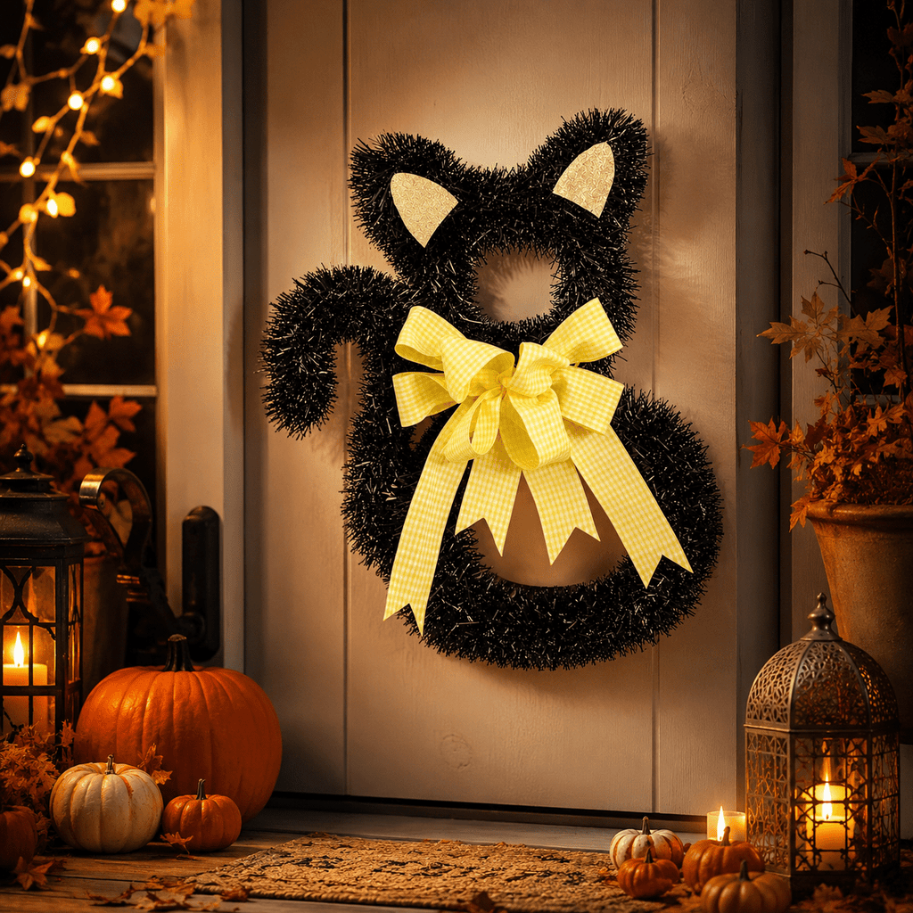 Halloween Black Cat Door Wreath, 15.75 Inch Kitty Shaped Hanging Decor with Yellow Checkered Bow, Fall Front Door Porch Wall Decoration