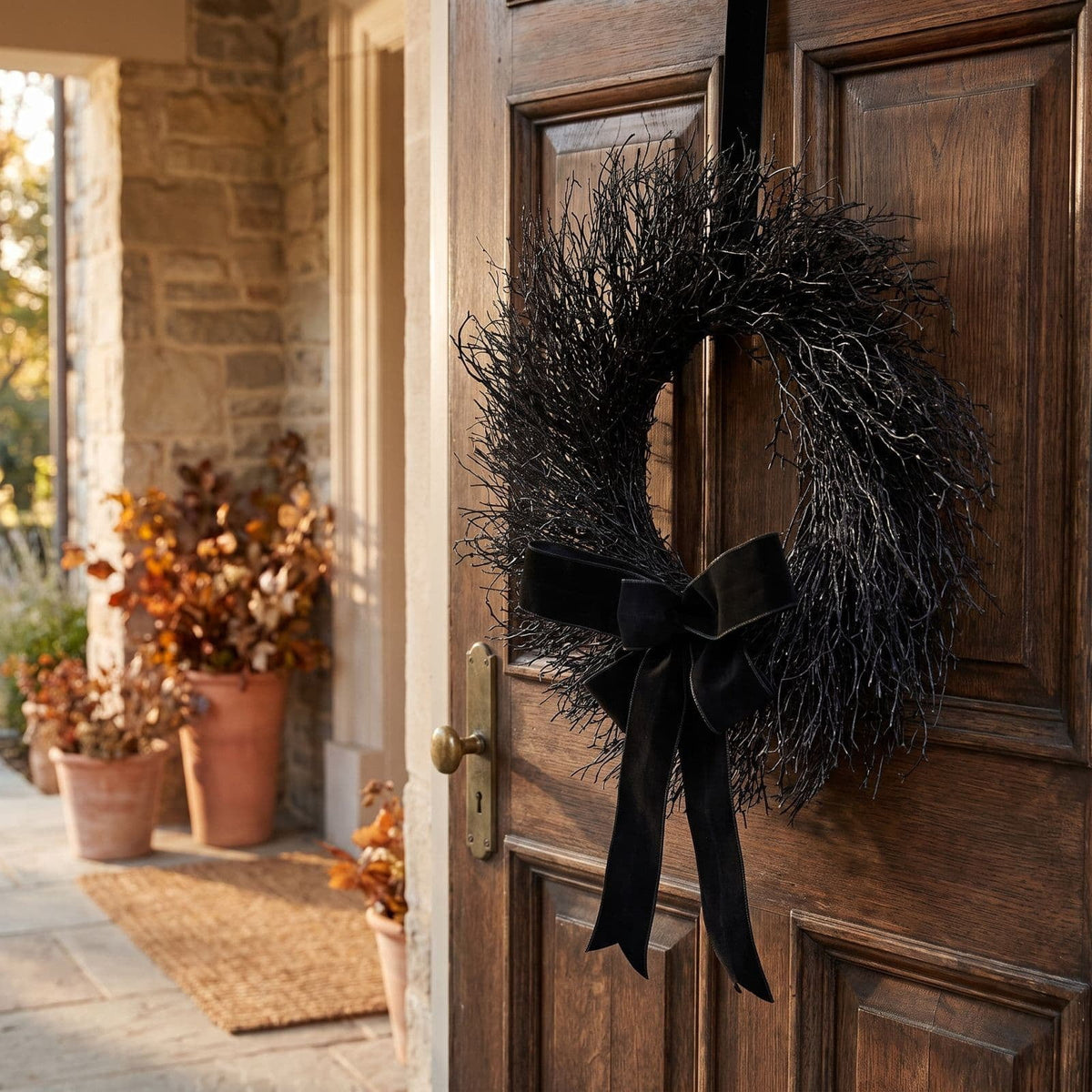 Black Halloween Wreath for Front Door, 16 Inch Twig Wreath with Velvet Bow, Gothic Fall Farmhouse Decorative Wreath for Porch Mantel Entryway Home Decor