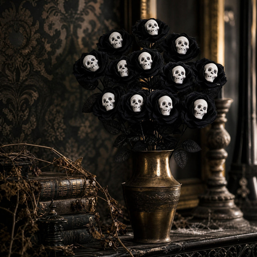 Halloween Artificial Rose Flower with Skull Head, Fake Silk Rose Bouquet, Red or Black Roses with Mini Skull