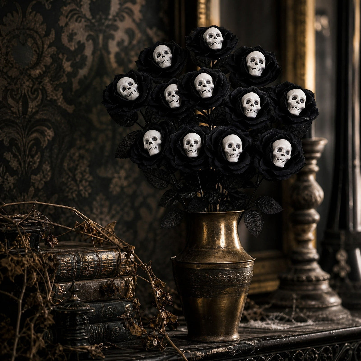 Halloween Artificial Rose Flower with Skull Head, Fake Silk Rose Bouquet, Red or Black Roses with Mini Skull
