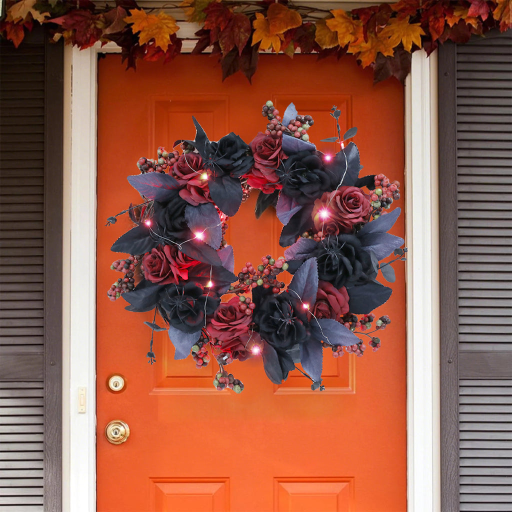 Halloween Decorative Wreath With Lights for Front Door,Black Red Rose Wreaths,15" Berries Wreaths Decor with Black Leaves Garland Ornament for Wall,Porch,Window,Indoor Outdoor Halloween Accessories