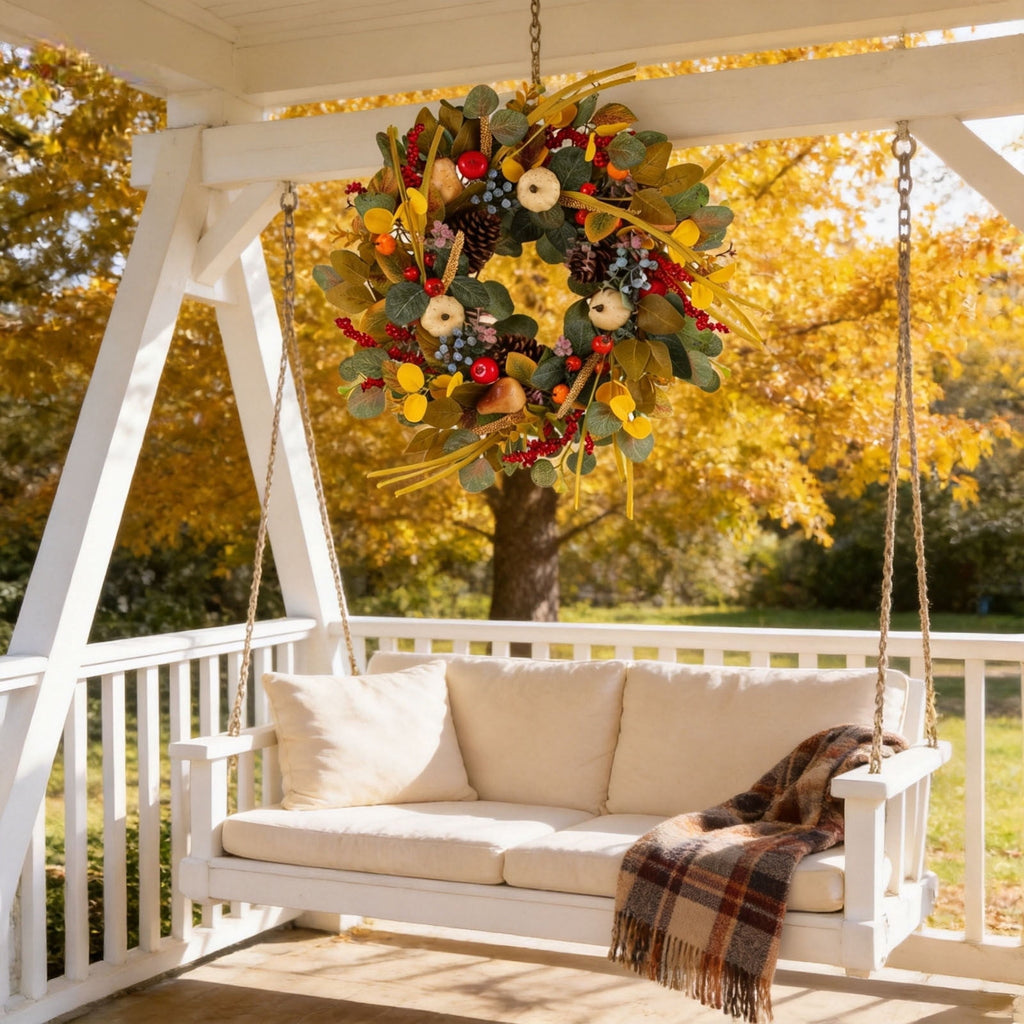 ICQOVD Halloween Pumpkin Maple Leaf Wreath with Skeleton Ornament Orange Black Bow Front Door Hanging Fall Home Decoration 15.75*15.75*3.15IN