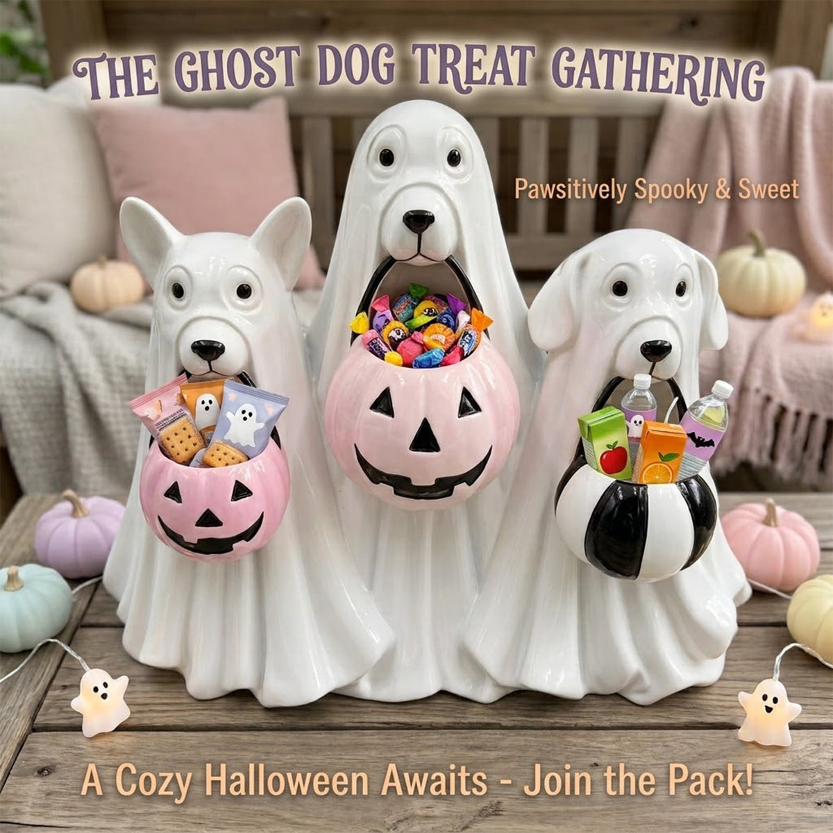 Lighted Halloween Ghost Candy Bowl, Cute LED Ghost Holding Pumpkin Candy Bucket for Trick or Treat, Outdoor Halloween Decorations for Front Porch, Indoor Yard Patio Halloween Decor