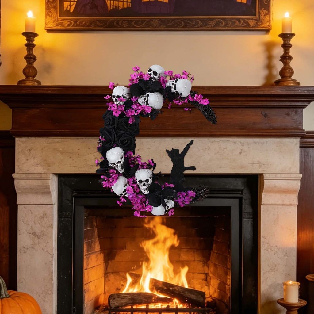 Halloween Moon Wreath with Skull & Mini Black Cat, Grapevine Wreath forFront Door, Halloween Door Wreath Decor forHome Party indoor Outdoor