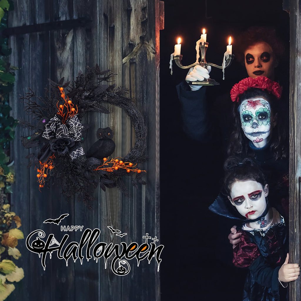Festisoul 20'' Halloween Wreath for Front Door, Halloween Owl Wreath with Natural Vines and Artificial Roses, Spooky Halloween Props Decoration for Fireplace
