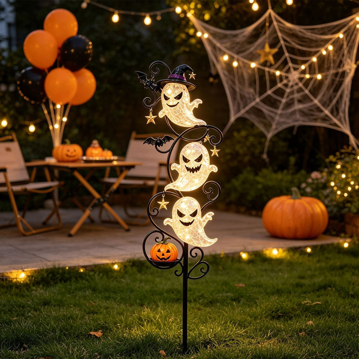 Solar Halloween Metal Moon Black Cat Garden Stake with LED Pumpkin Lantern, Light Up Star Bat Yard Decor Stake, Spooky Outdoor Lawn Pathway Halloween Decoration