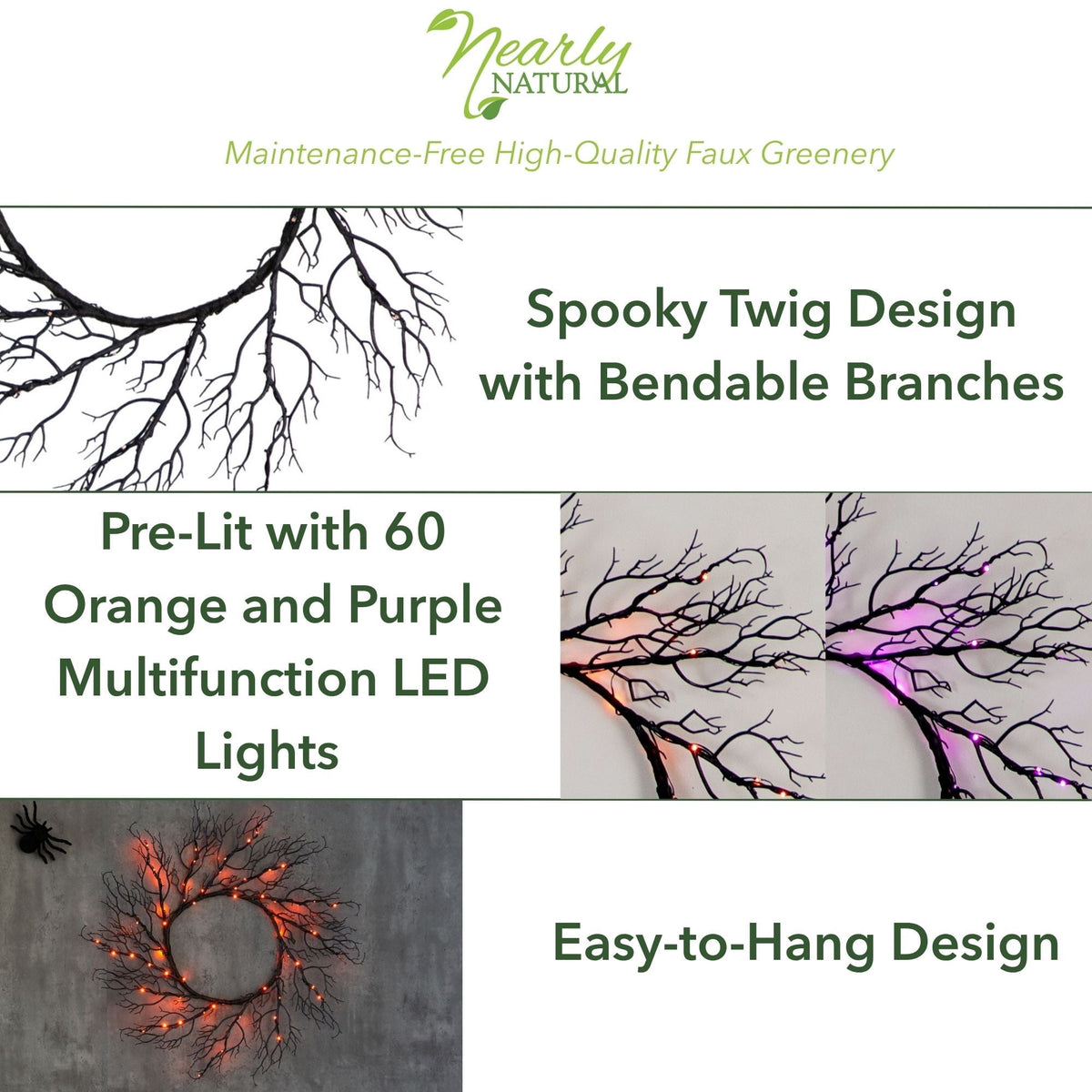 Nearly Natural 23in. Pre-Lit Halloween Black Fall Wreath with 60 Orange and Purple LED Lights