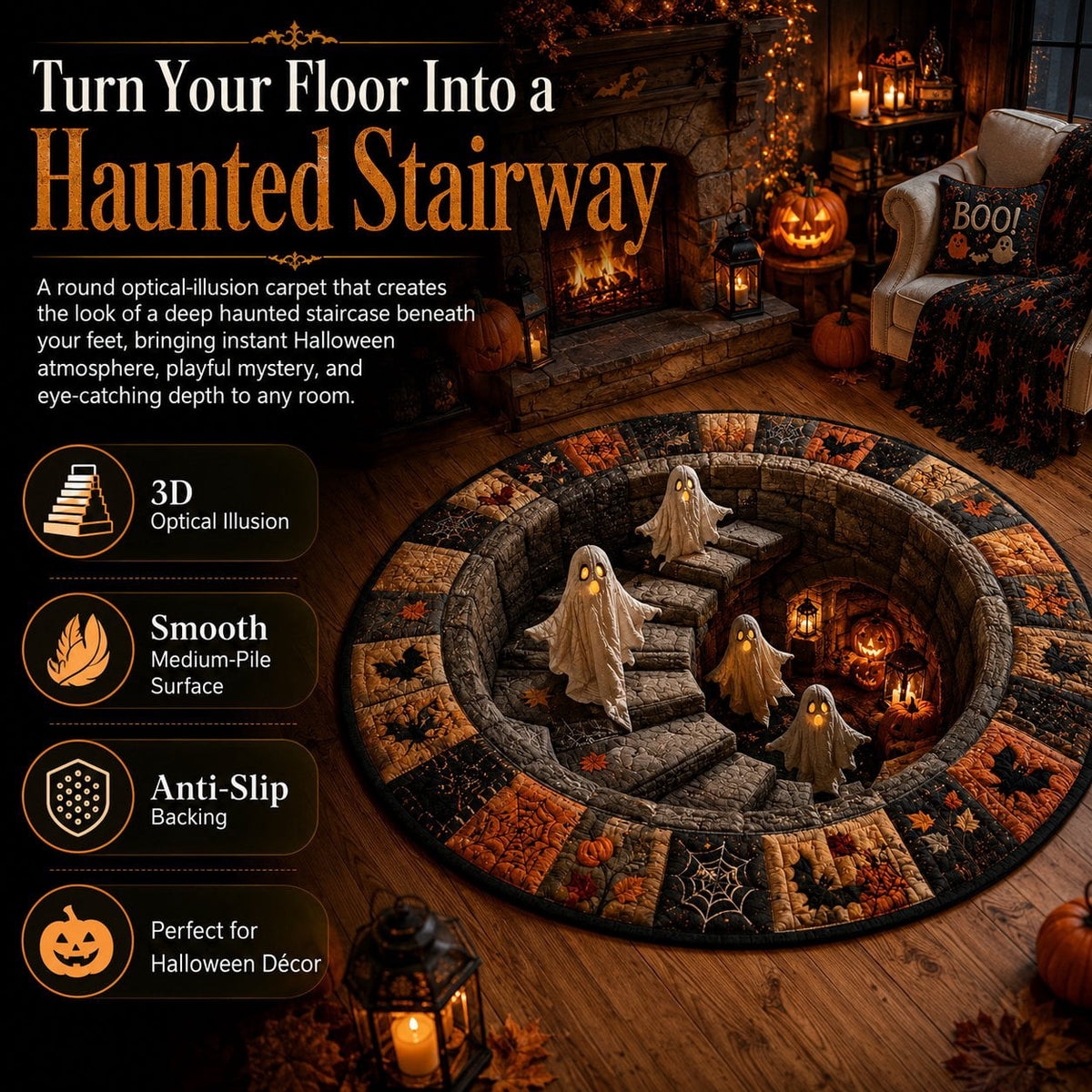 3D Optical Illusion Round Halloween Rug, Ghost Cave Stairwell Non-Slip Decorative Floor Mat