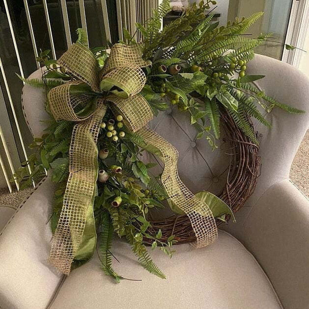 15 Inch Spring Wreath for Front Door, Artificial Welcome Wreath with Green Pods Plants Branches Vines, Rustic Style Decor for Home Yard Room Office Party Festival Indoor Outdoor