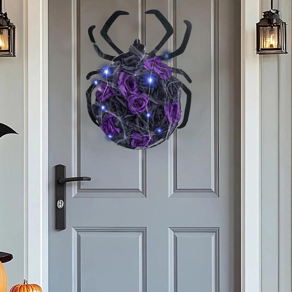 XEAZON Halloween Spider Decorations with Cobweb,Artificial Purple Rose Flower Spider Wreath for Front Door Hanging Decor,Halloween Party Indoor Outdoor Decor Hanger,Halloween Accessories with Lights