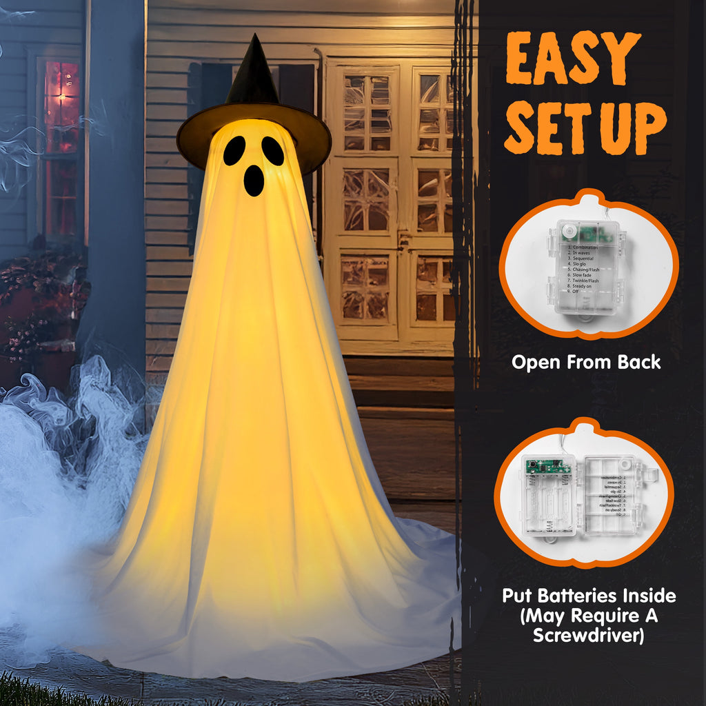 Joyfy 47"Cute Ghost Dog Halloween Decoration Outdoor, Reusable Spooky Standing Dog with Stakes, Soft White Light LED & 6 Hours ON + 18 Hours OFF Timer, Adorable Halloween Decor for Front Porch Yard