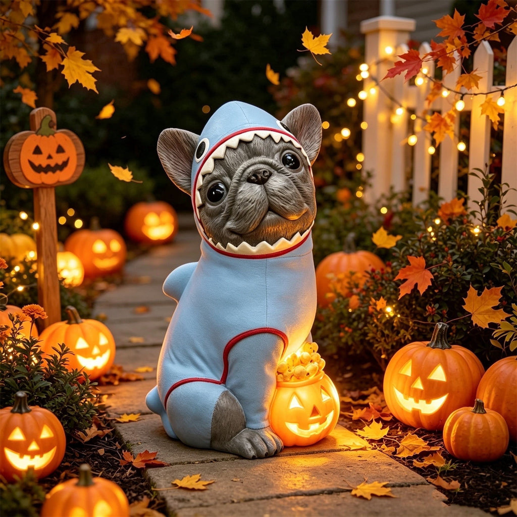 2026 New Halloween Light‑Up French Bulldog Figurine, Shark Outfit Dog Statue with Glowing Pumpkin, Waterproof Resin Table Holiday Decorations, Cute Spooky Halloween Decorations for Porch Yard Home