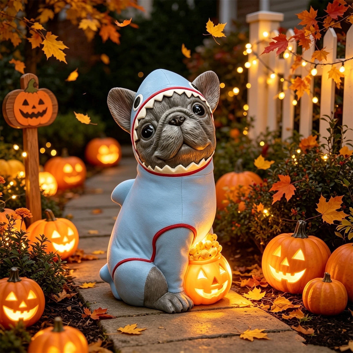 2026 New Halloween Light‑Up French Bulldog Figurine, Shark Outfit Dog Statue with Glowing Pumpkin, Waterproof Resin Table Holiday Decorations, Cute Spooky Halloween Decorations for Porch Yard Home