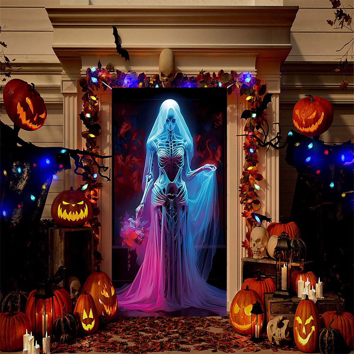 Taicans Spooky Skeleton Bride Halloween Door Cover Decor,Scary Halloween Front Door Banner Covering Decorations,Horror maze Decor,Halloween Decorations for Front Door,Haunted Mansion Decor,71x35in