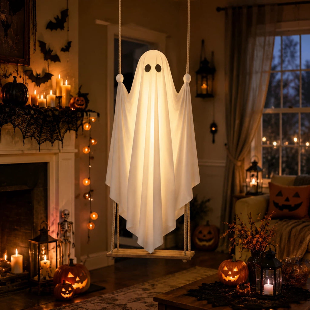 Light Up Swinging Ghost Outdoor Decor, 6.56FT Pre-Assembled LED Hanging Ghost on Swing with Remote Control, Halloween Decorations Outdoor for Porch Yard Tree