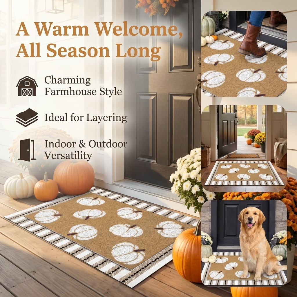 Fall Door Mat, Layered Pumpkin‑Pattern Porch Rug, Non‑Slip Neutral Autumn Welcome Mat, Indoor Outdoor Halloween Thanksgiving Decor