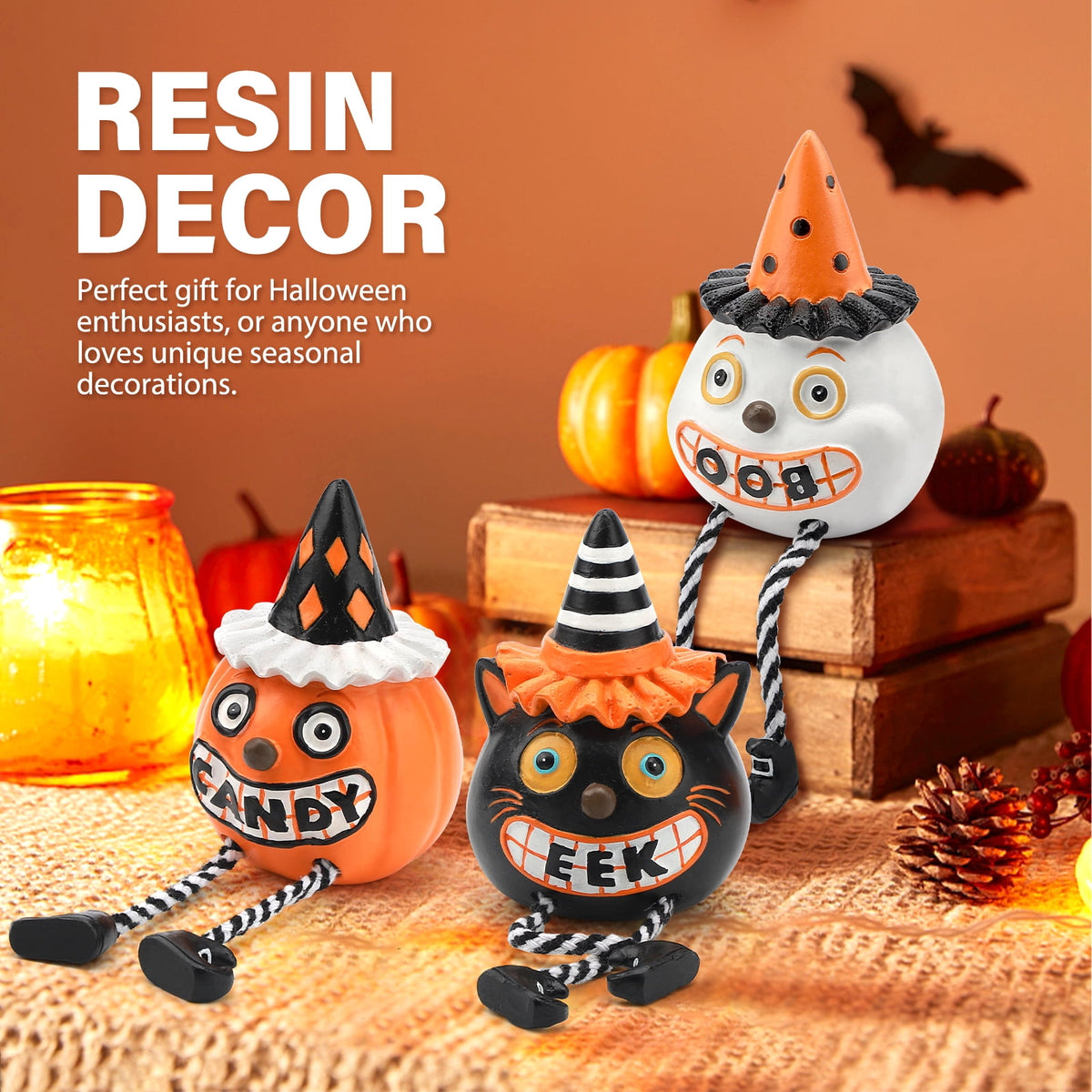Ayieyill 2pcs Halloween Cat and Skeleton Figurines Vintage Halloween Black Cat Decor Halloween Table Decorations
