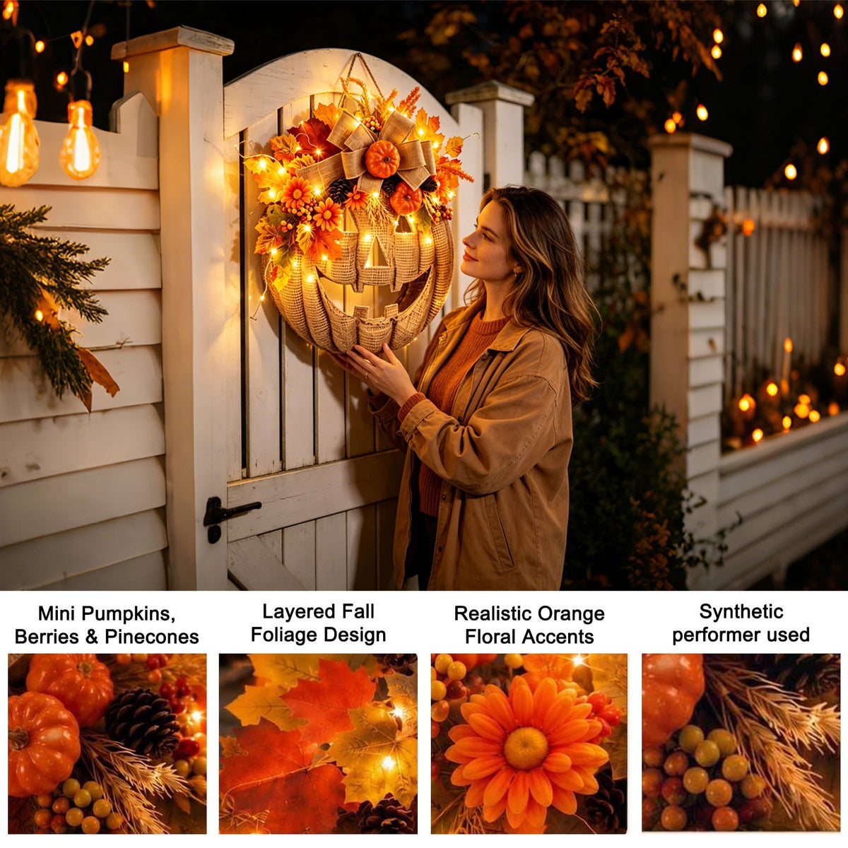 13.78 Inch Lighted Pumpkin Wreath with LED Lights, Fall Front Door Decor, Halloween Thanksgiving Autumn Wreath for Porch Farmhouse Home Decoration