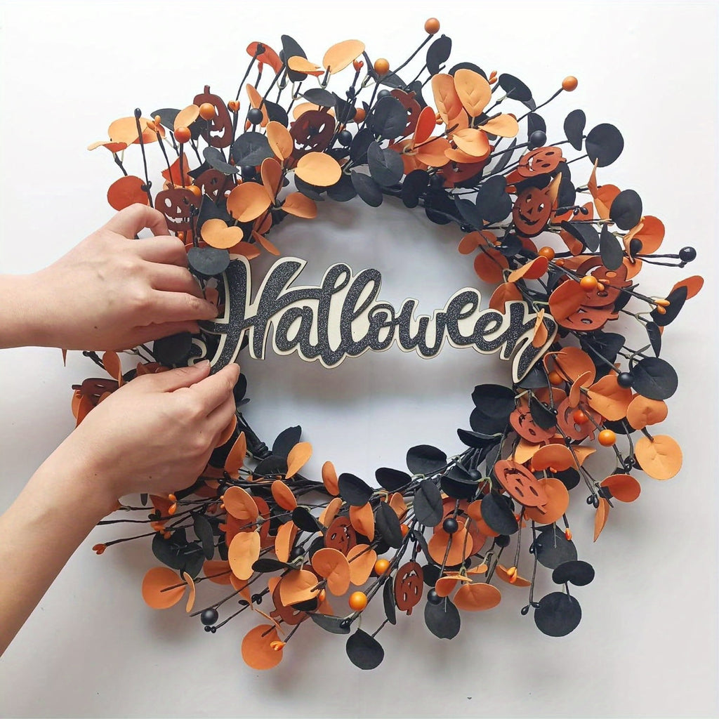 22 inch Pumpkin Wreath Halloween Wreaths for Front Door Fall Decorations for Home with Wood Pumpkins Thanksgiving Decorations with Glitter Decorations Sign