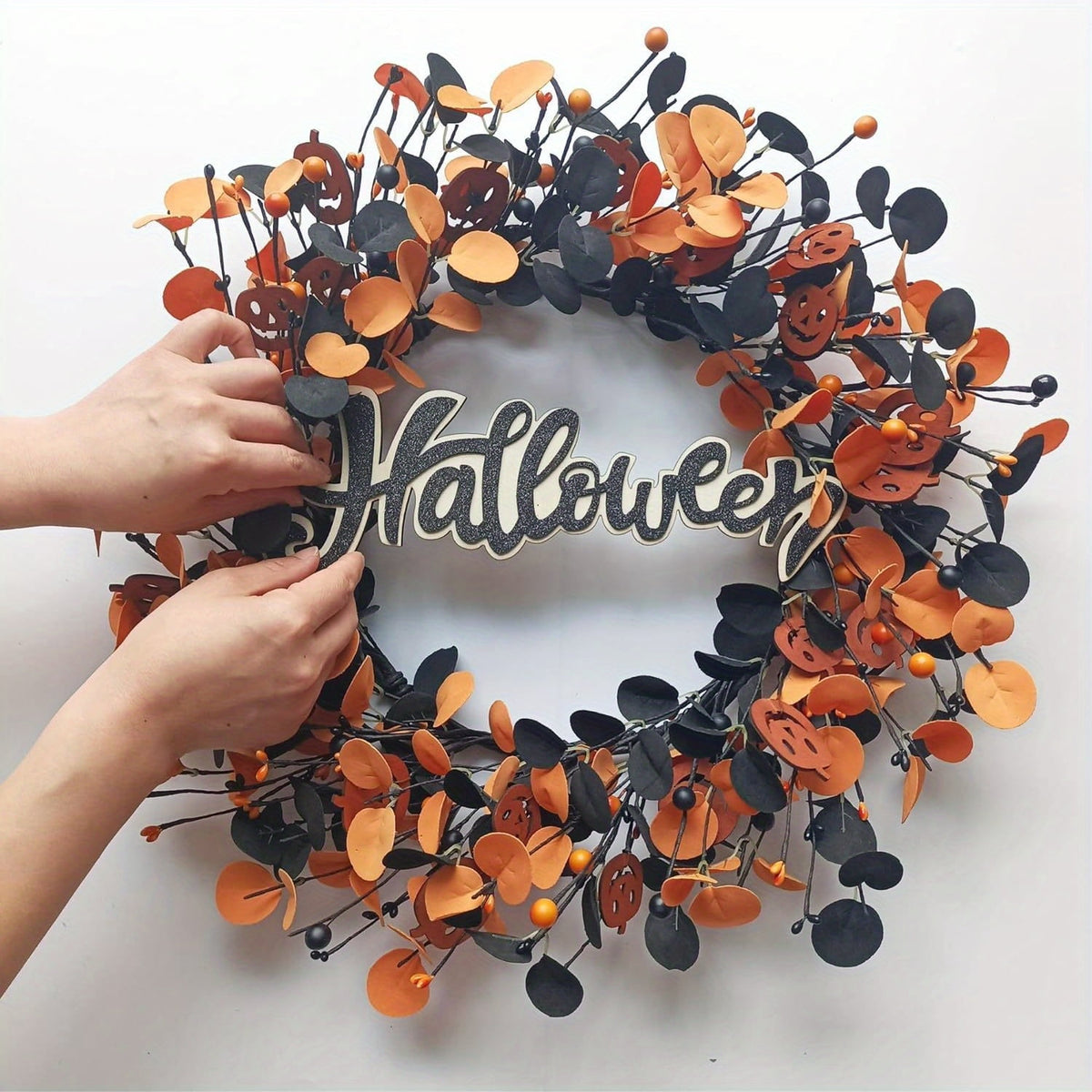 22 inch Pumpkin Wreath Halloween Wreaths for Front Door Fall Decorations for Home with Wood Pumpkins Thanksgiving Decorations with Glitter Decorations Sign