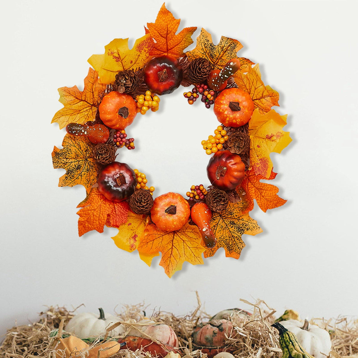 Autumn Wreath 14 Inch Fall Decor for Home Front Door with Artificial Maple Leaf Pumpkin Berry Pinecone Harvest Thanksgiving Halloween Farmhouse Seasonal Decorations Indoor Outdoor,