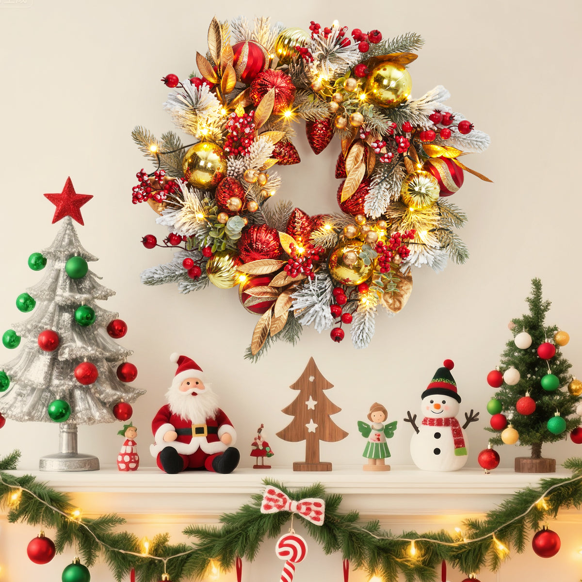 JoanKaren 24 inch Large Christmas Wreath Silver White with 20 LED Lights,Prelit Xmas Wreath w/ Ball Ornaments Pine Cone
